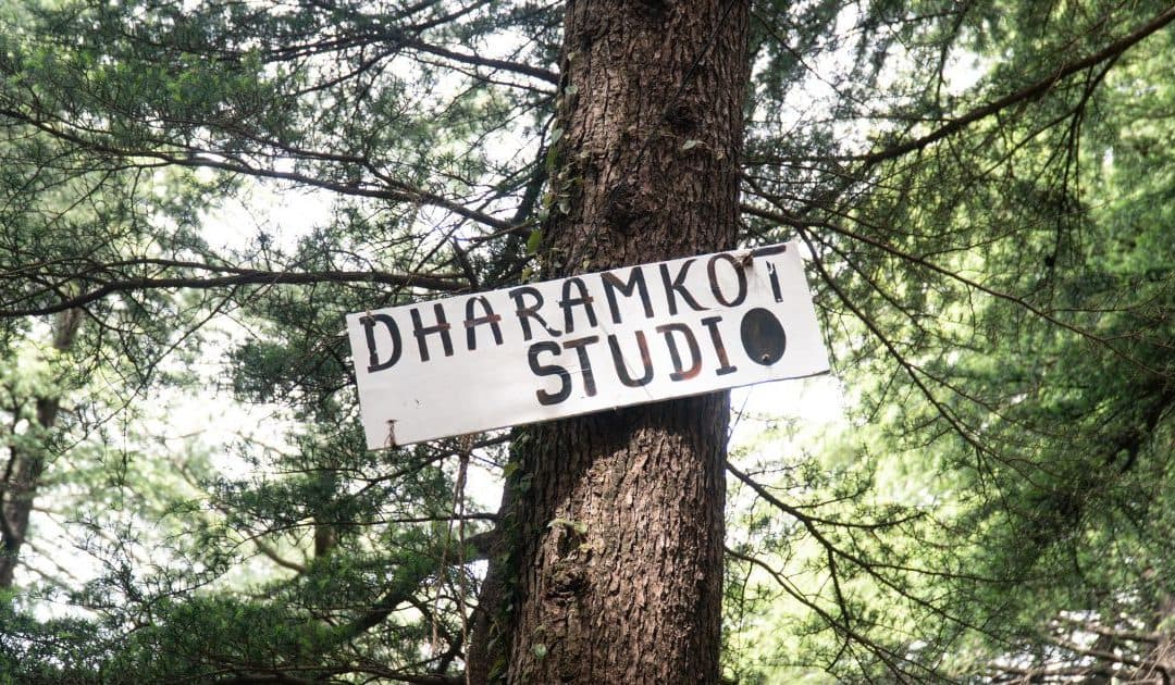 Panoramic view of Dharamkot village with a mountain backdrop.