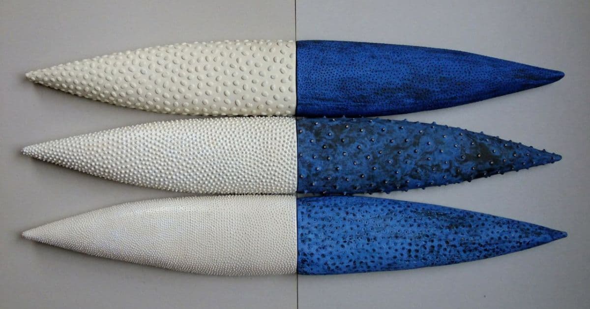 Blue and white ceramic forms by Irina Lapenko.