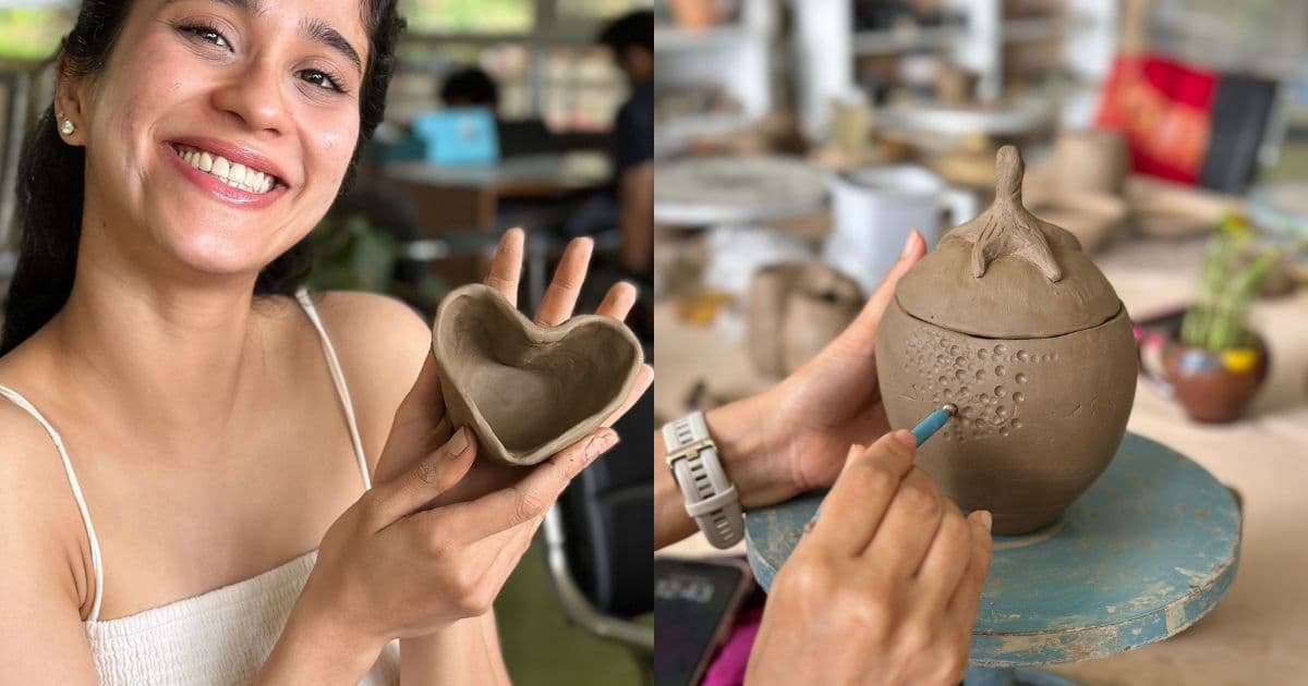 Therapeutic pottery retreat moment with clay shaping and mindful creative practice.