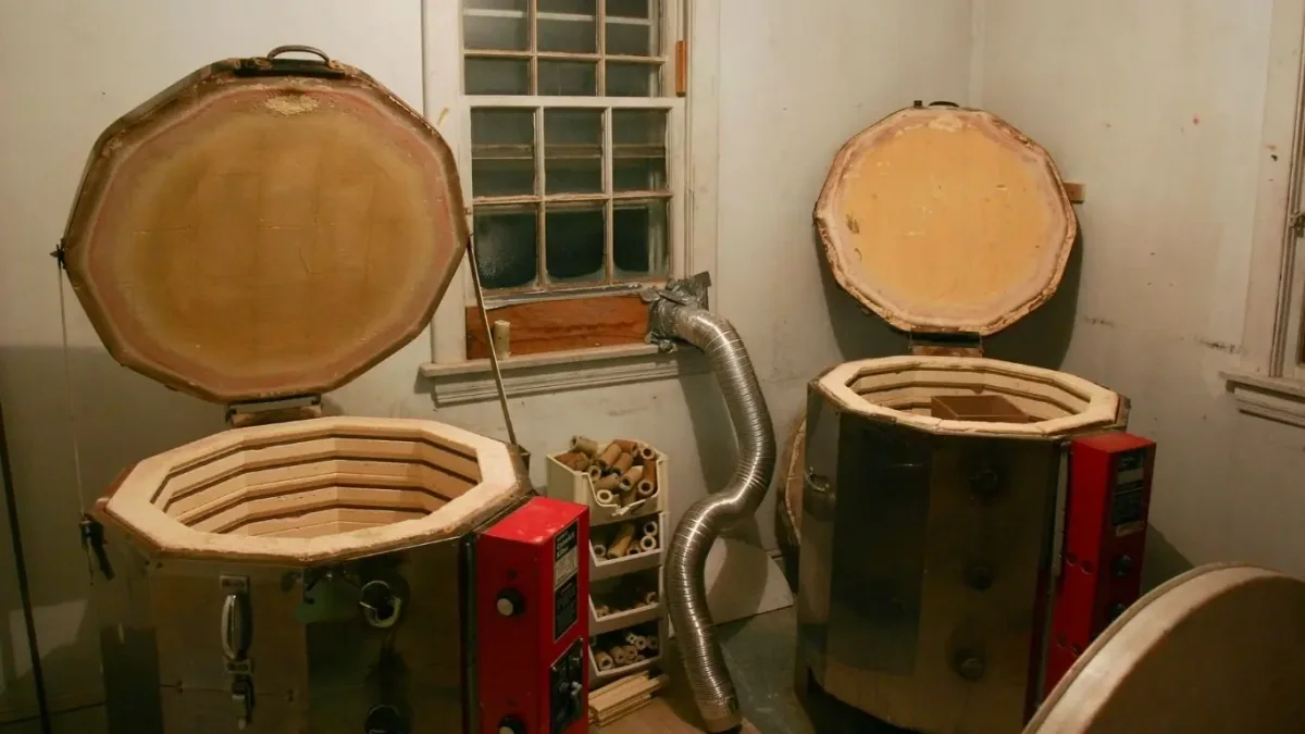 Electric kiln used for pottery firing in a ceramic studio.