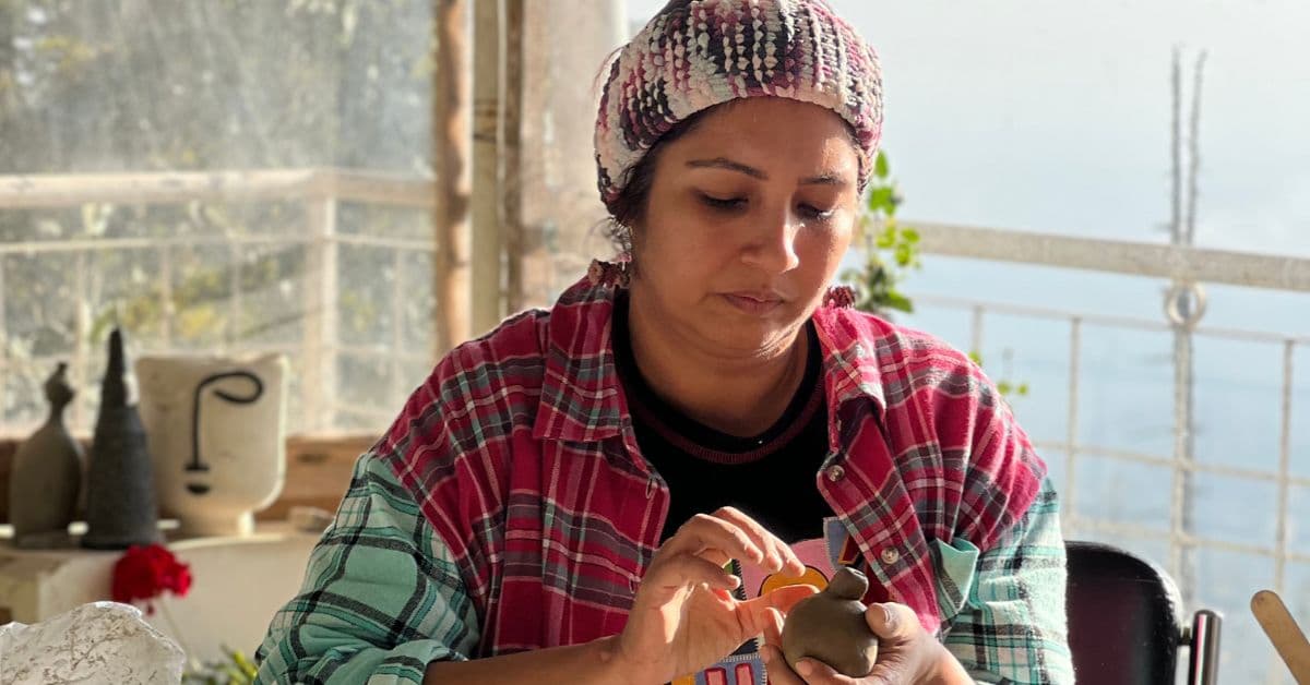 Beginners course students with ceramic work at Dharamkot Studio.