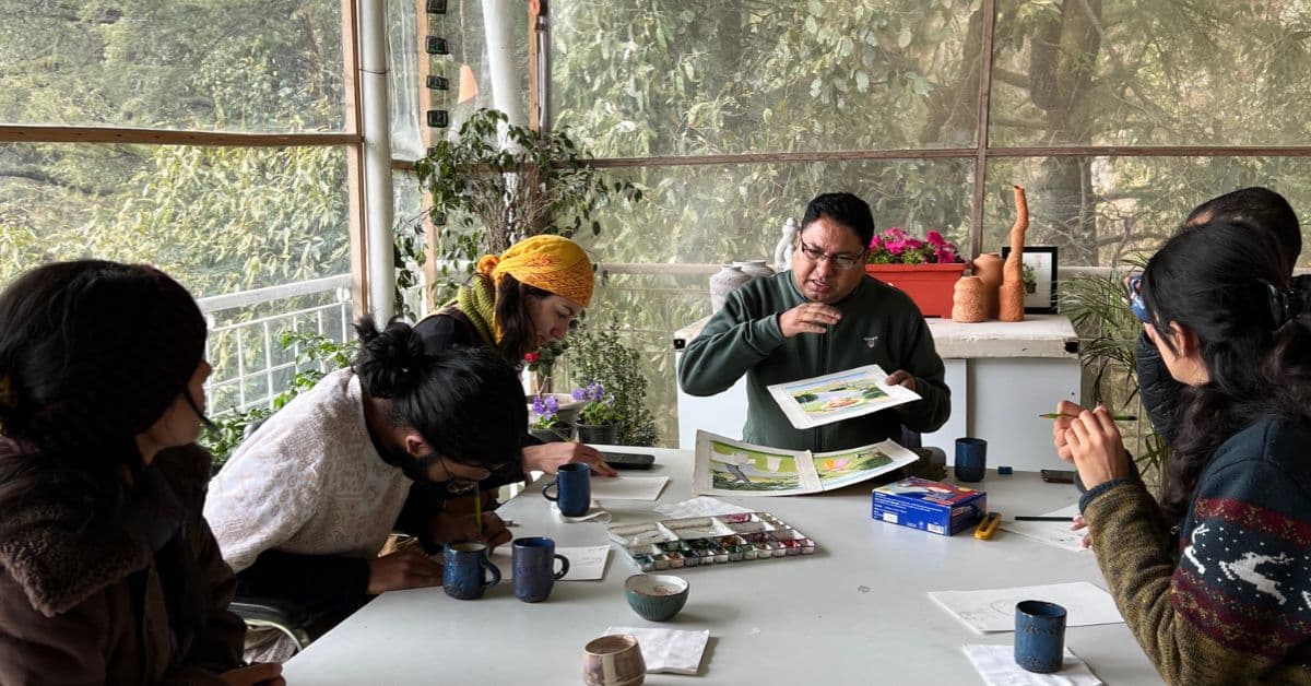 Kangra painting in painting retreat at Dharamkot Studio.
