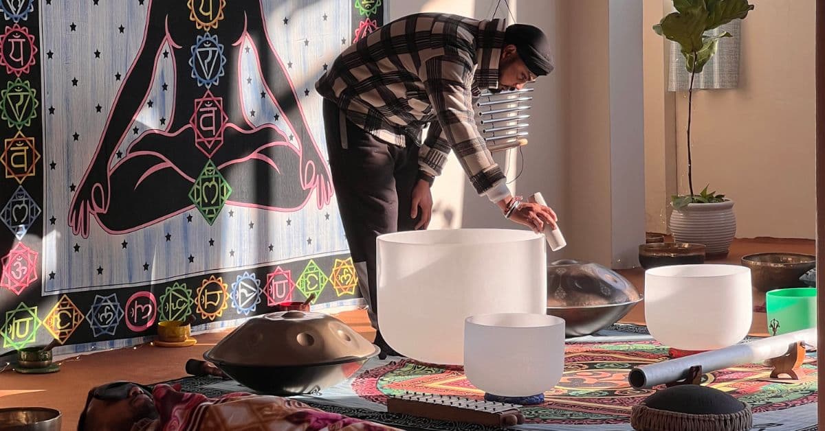 Sound bath session at Dharamshala, India.