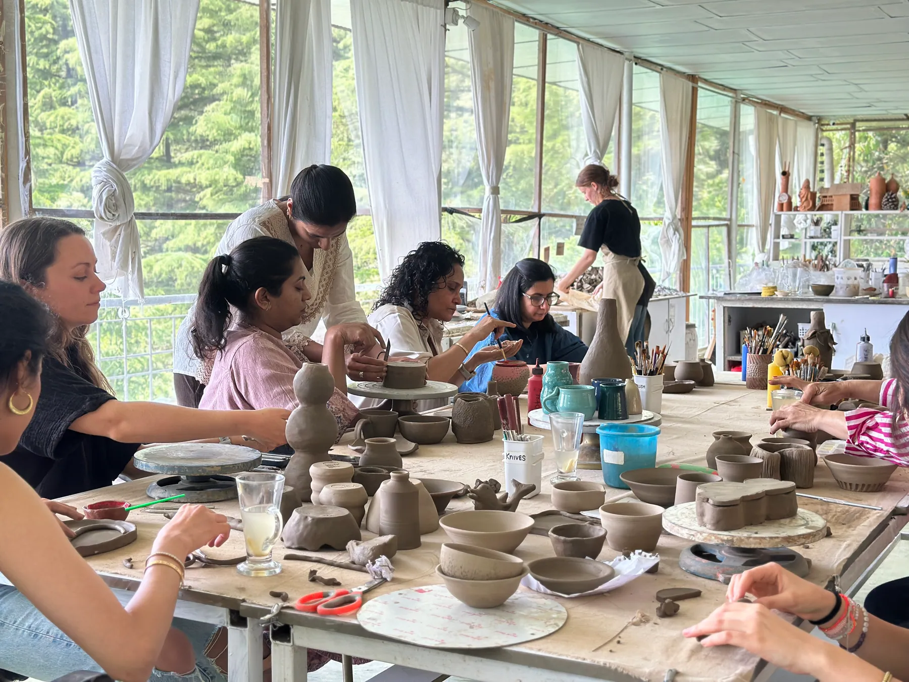 Residential pottery retreat clay session at Dharamkot Studio Himachal Pradesh.