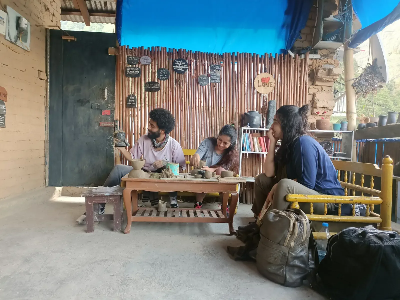 Early days of Dharamkot Studio in the original mountain pottery studio in Himachal Pradesh.