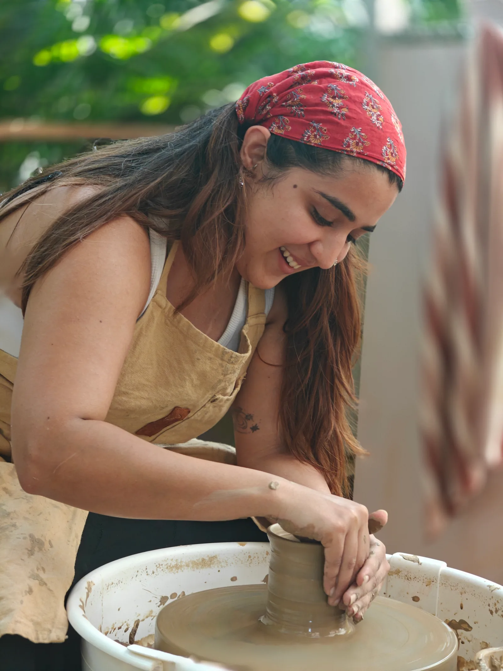 Guided clay session during the Pottery Wheel Experience workshop at Dharamkot Studio Goa.